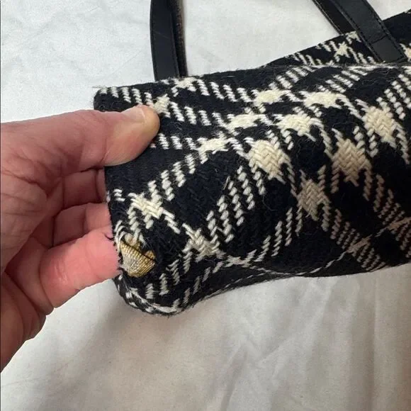Burberry Houndstooth Black And Off White Wool/Leather Bag.
